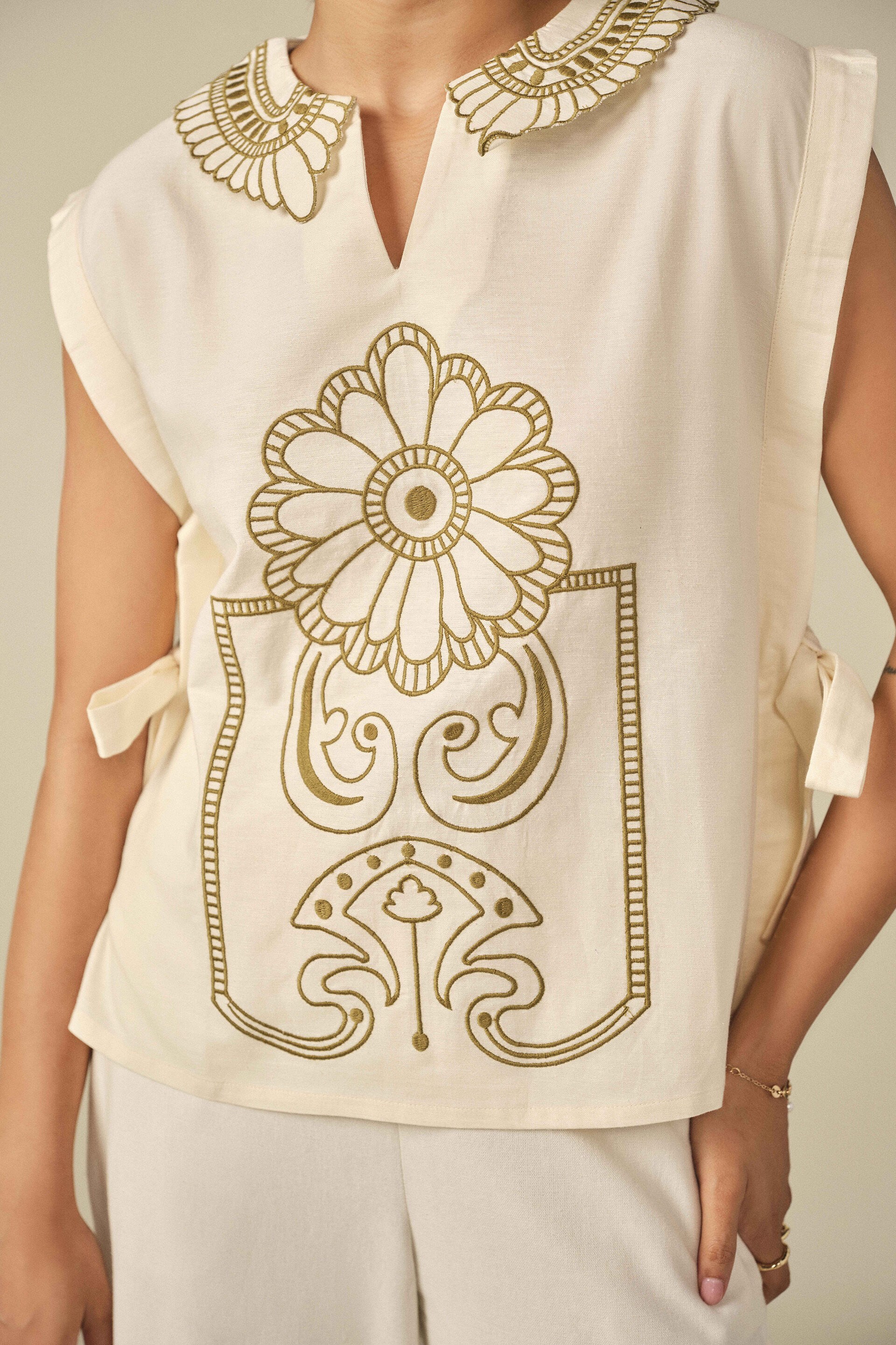 Embroidered Side Tie-up Top in Off White, Off White, image 2